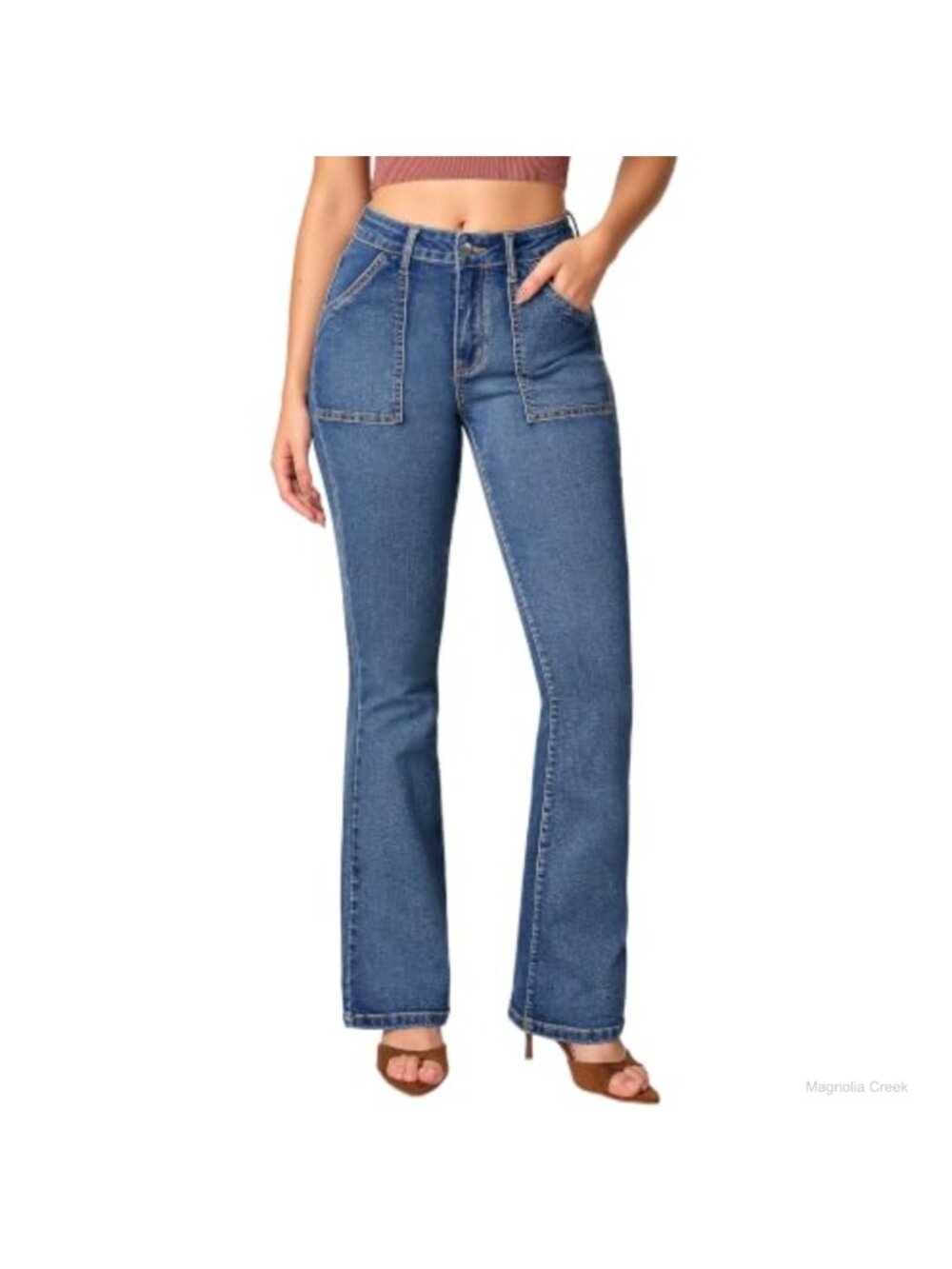 Stretch Bootcut Jeans Mid Rise Flare Leg Zipper Fly Large Pockets Women